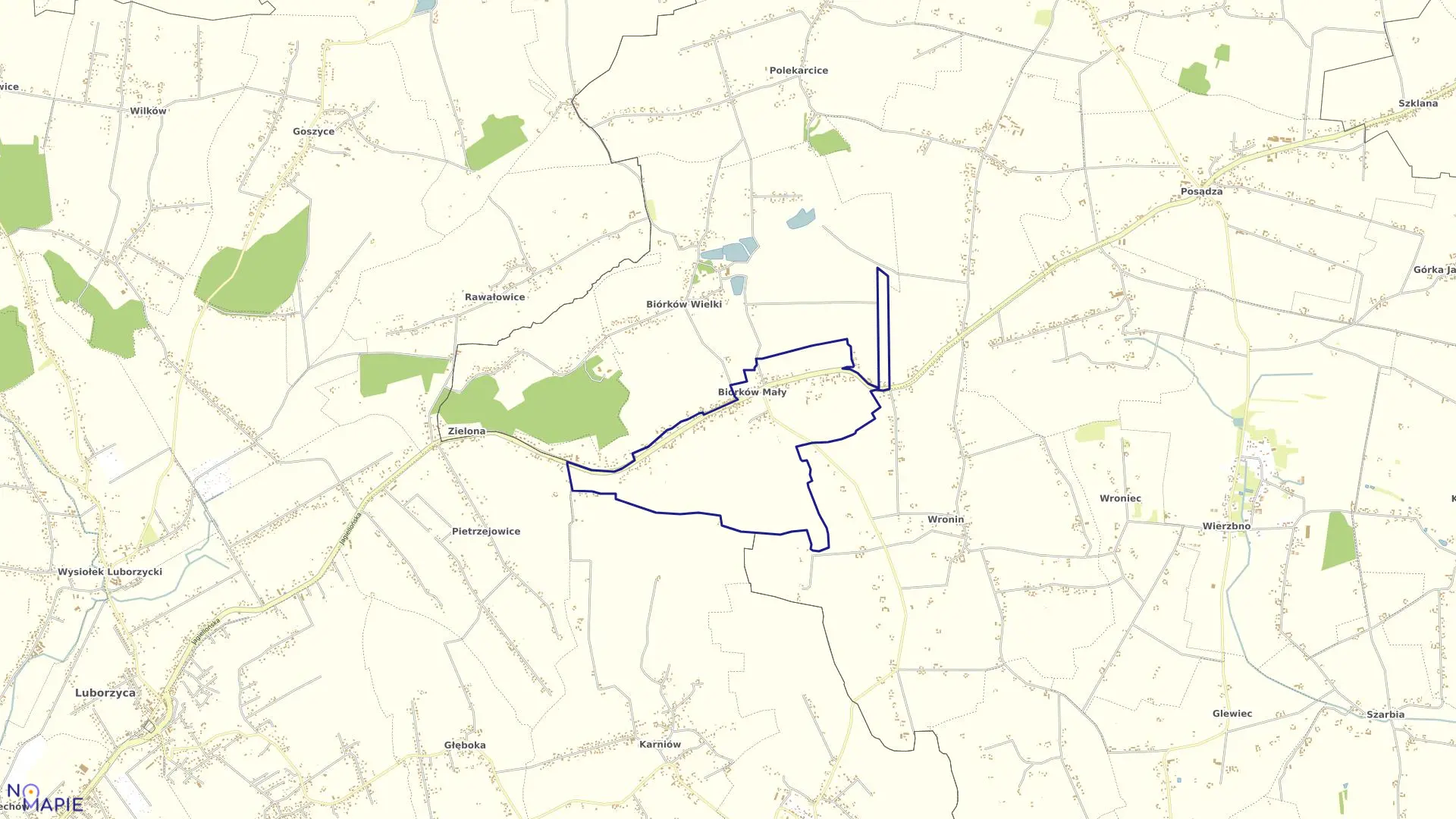 Mapa obrębu Biórków Mały w gminie Koniusza