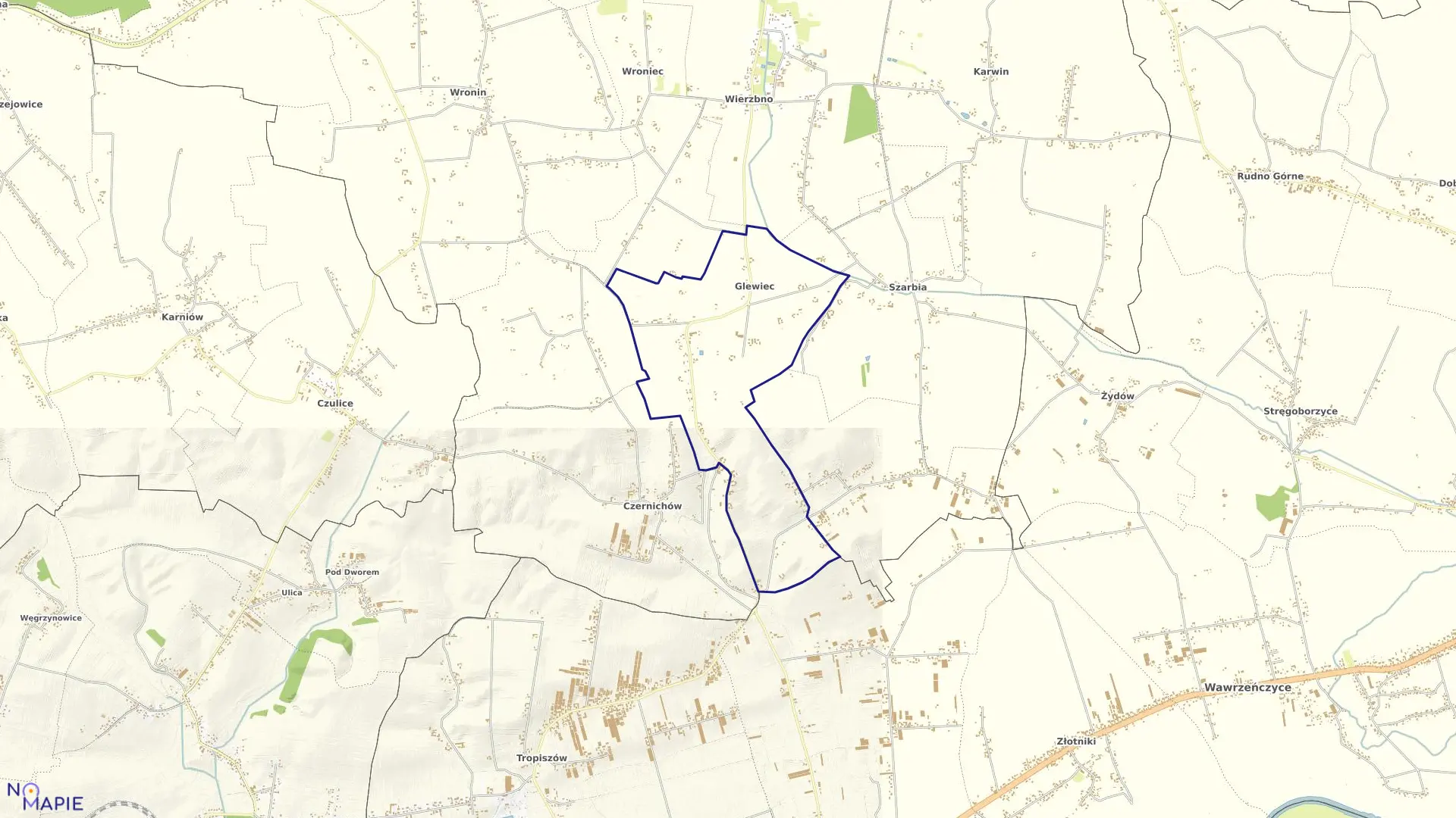 Mapa obrębu Glewiec w gminie Koniusza