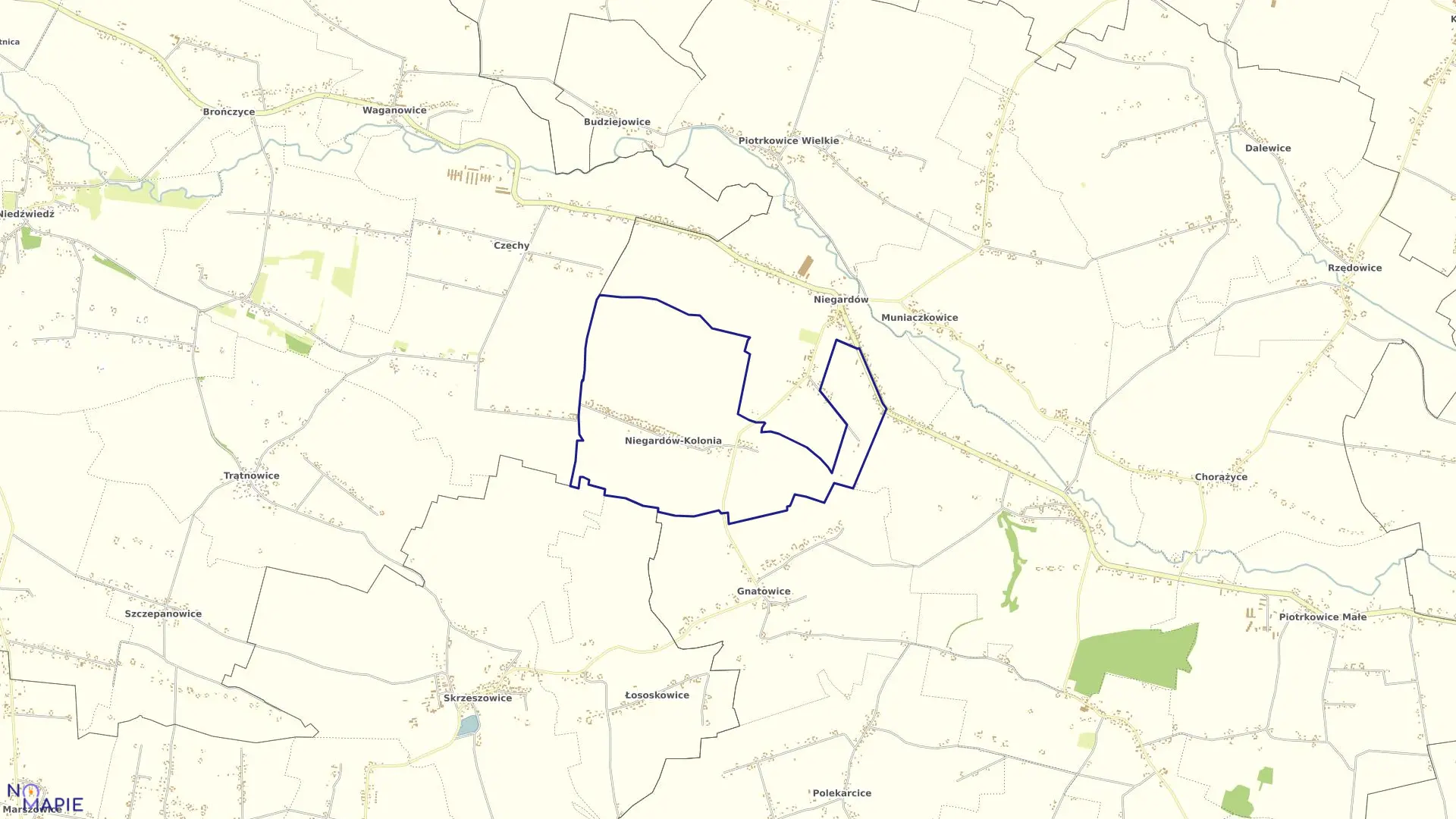 Mapa obrębu Niegardów Kolonia w gminie Koniusza